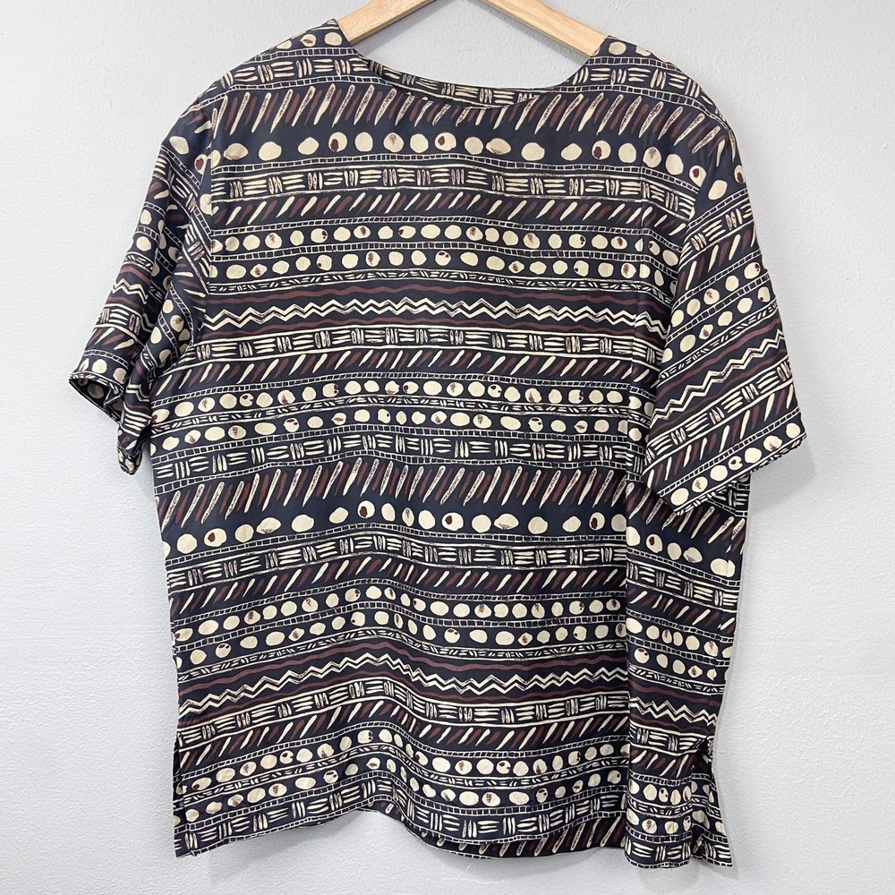 Vintage 90s Rafaella Silk Blouse Sz L Tribal Maximalist Boho Artsy‎ Top Neutrals